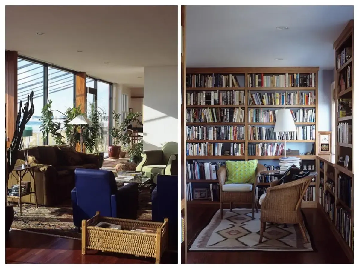 Living room and library interiors in the Pine Point Beach residence