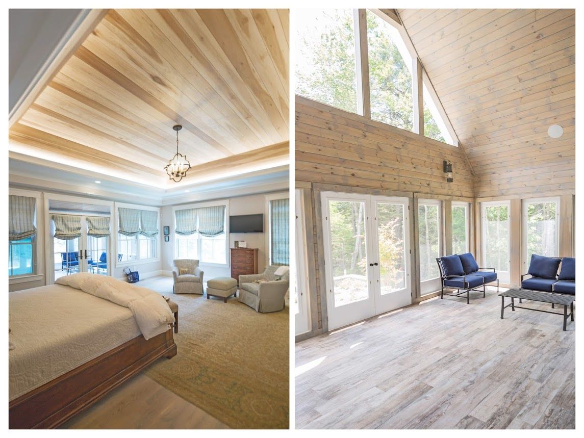 Two views of the home’s bedroom and living room