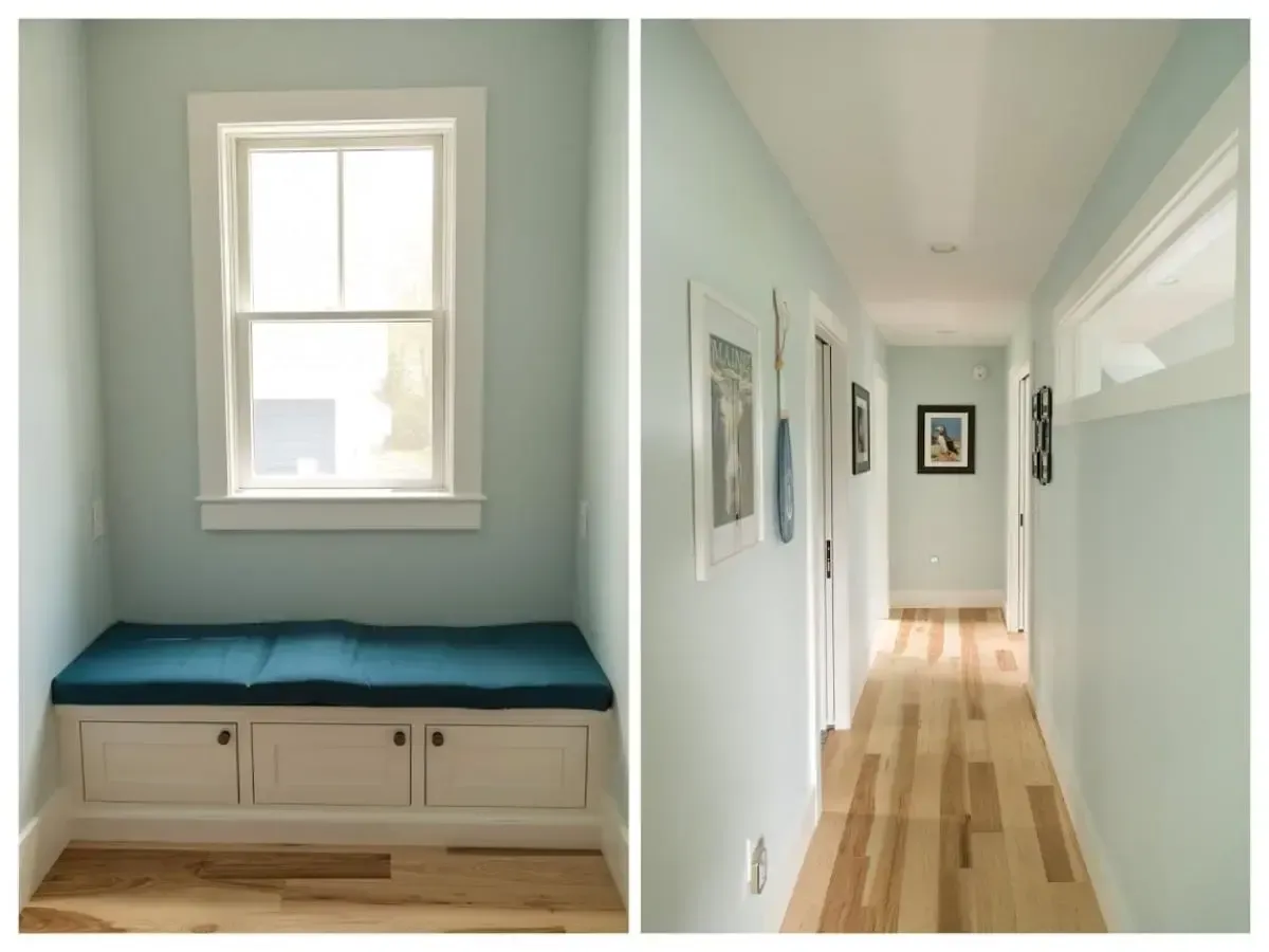 Hallway bench with a blue cushion beneath a window
