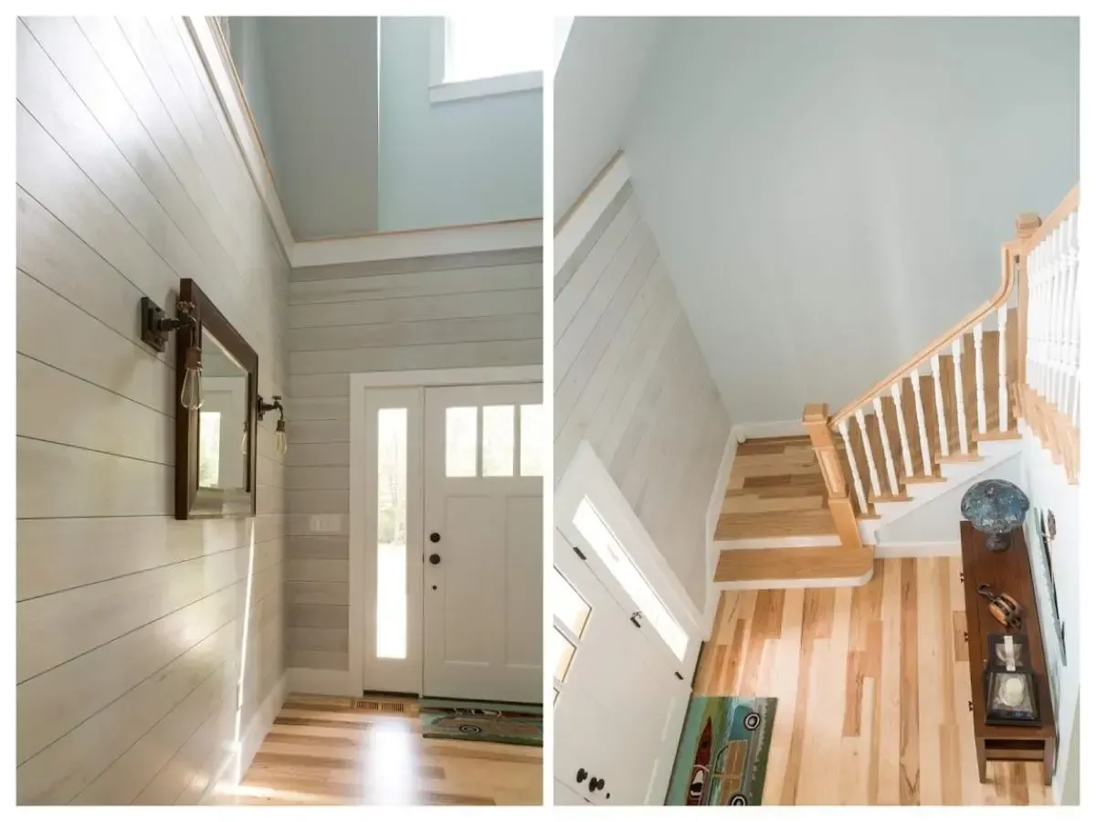 Two views of the home’s hallway and staircase