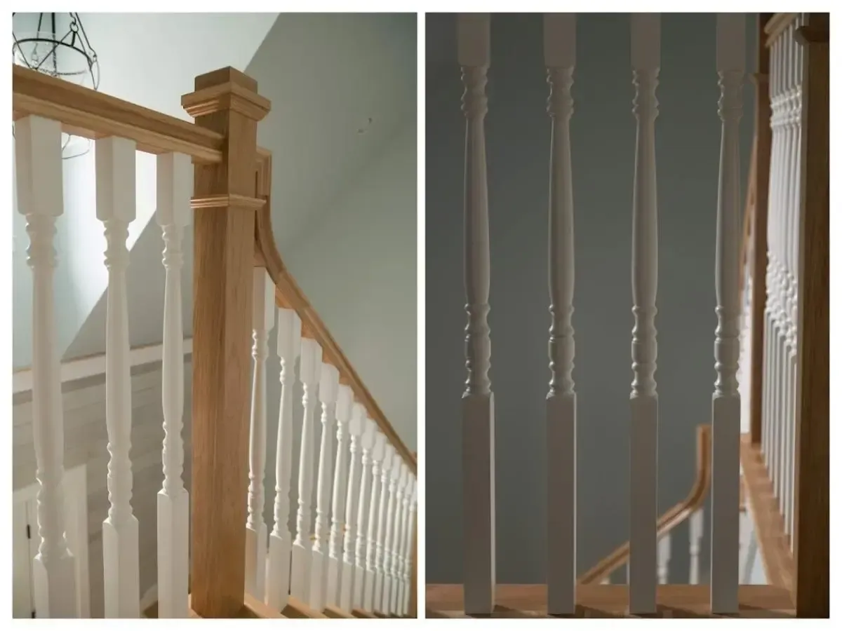Two views of the wood staircase with white railings