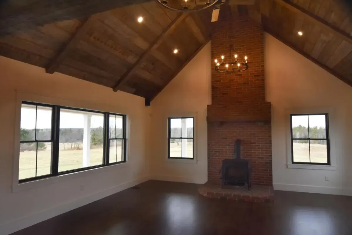 Stone fireplace centered in the room