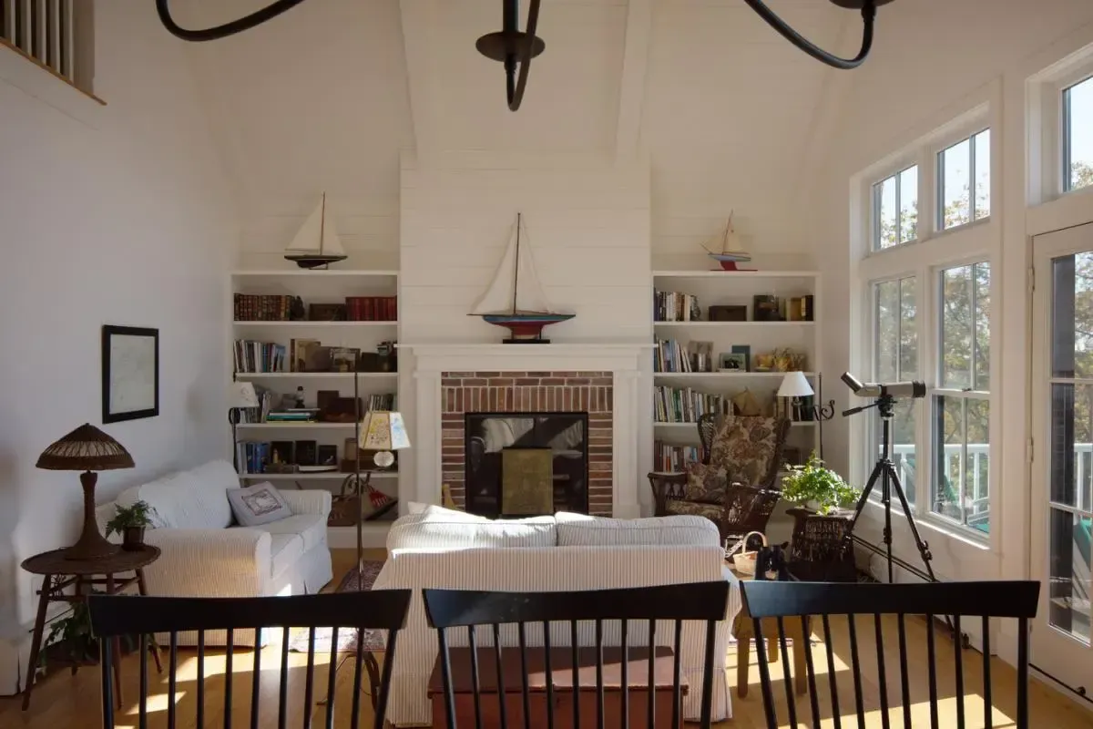 Furnished living room with a fireplace