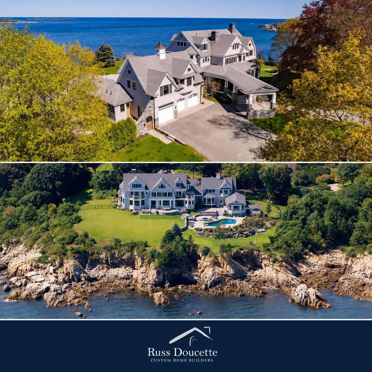 Aerial view of a large coastal home beside the rocky Maine shoreline