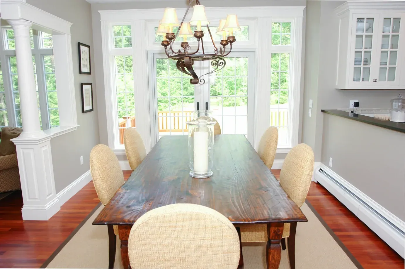Dining room with a long wood table and chairs
