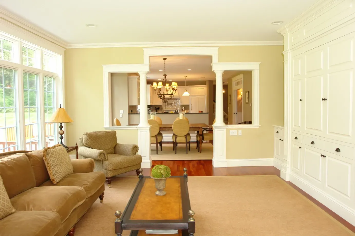 Living room seating arranged around a coffee table
