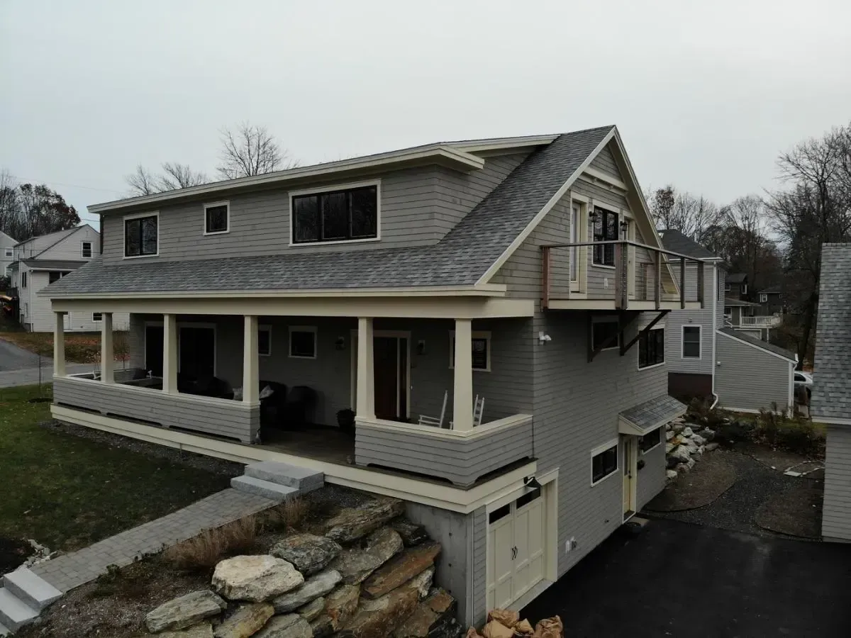 Aerial view of the South Portland cottage, porch, and garage