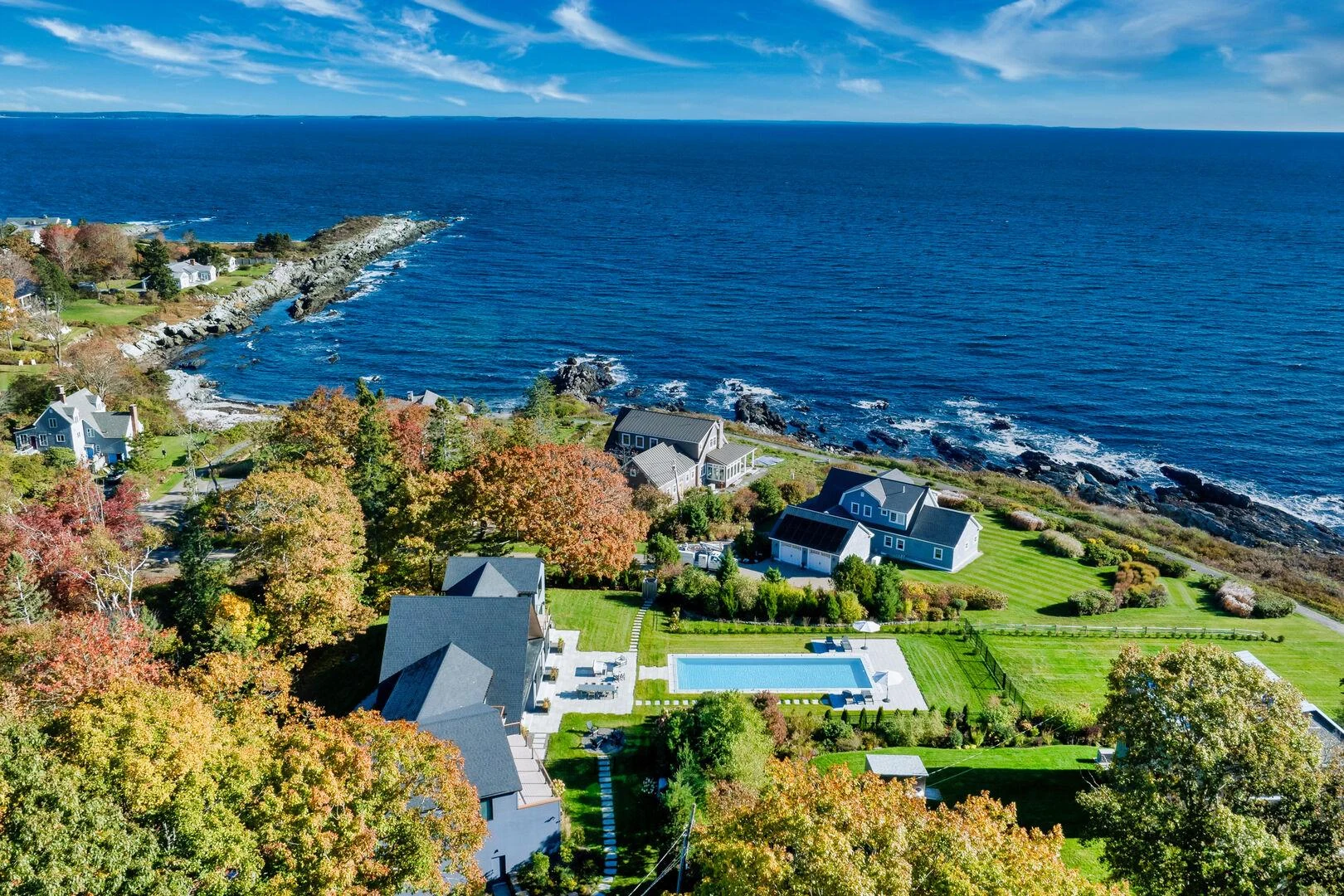 Trundy Point home and landscaped grounds beside the rocky Cape Elizabeth coastline
